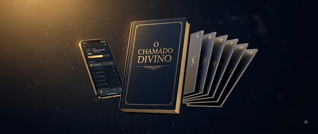 Livro O Chamado Divino em capa dura azul e dourada, ao lado de um celular mostrando a trilha de leitura e dos sete volumes numerados